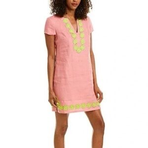 Sail to Sable | pink/green linen embroidered dress-size XS
